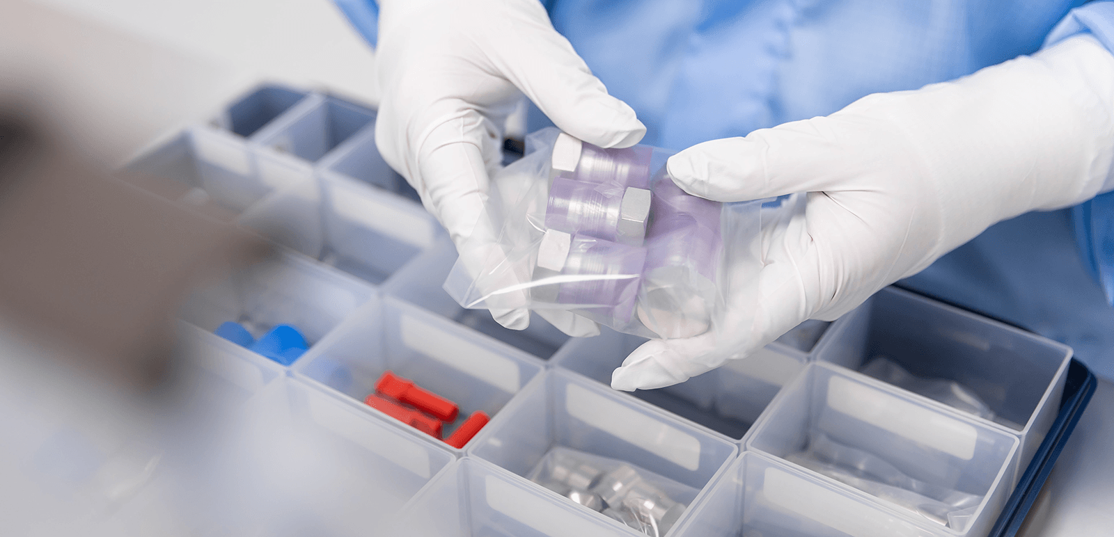A kit with cleaned items needed for the assembly of a high-tech machine