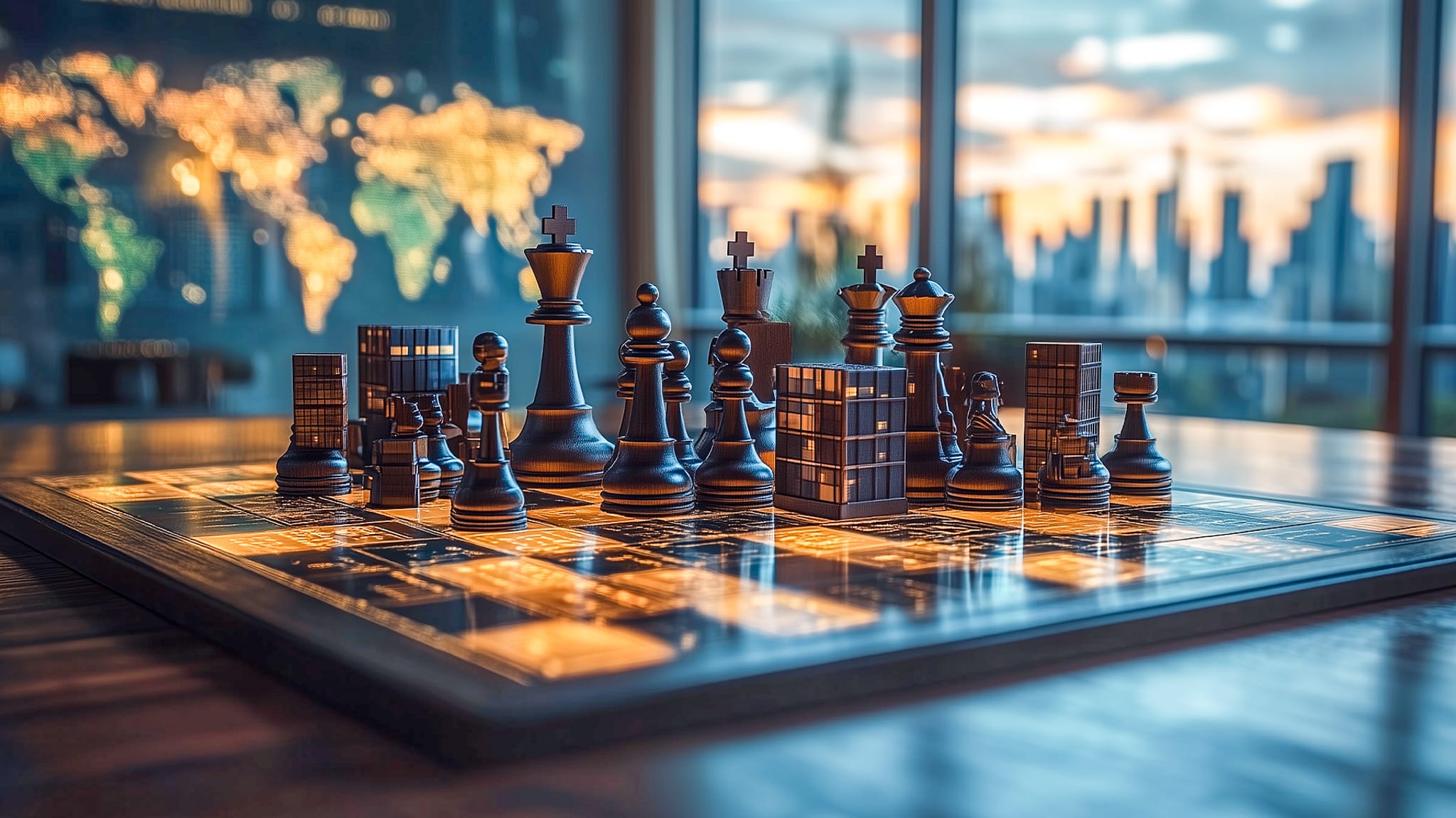 Chess game in an office building with a city skyline background