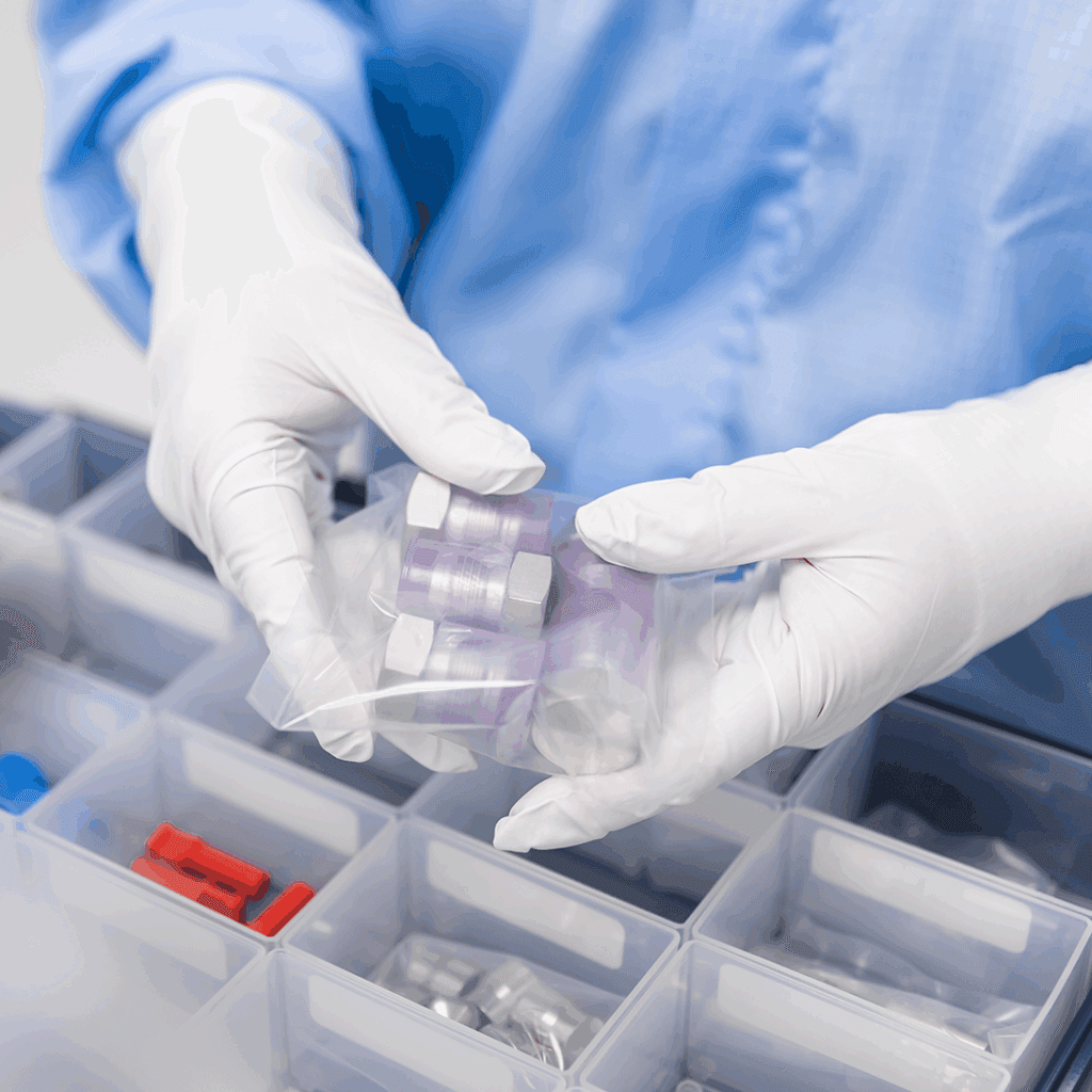 Worker wearing white gloves arranging small parts in a compartmentalized kit tray for different solutions