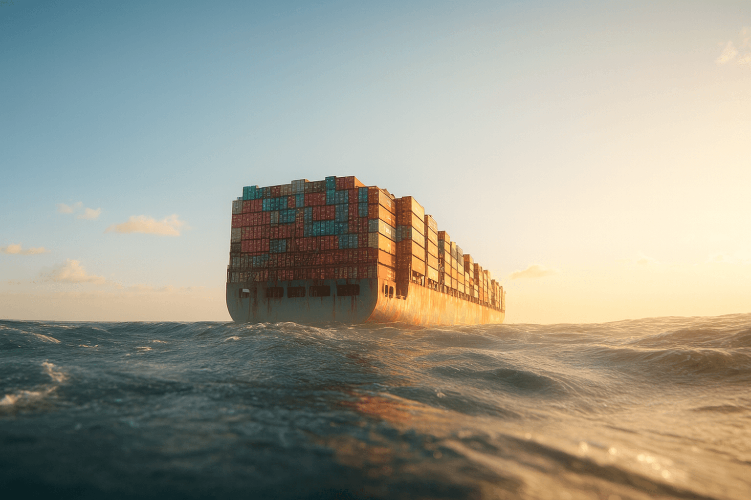 A large container ship sailing under clear skies, symbolizing how outsourcing helps de-risk and strengthen the supply chain.