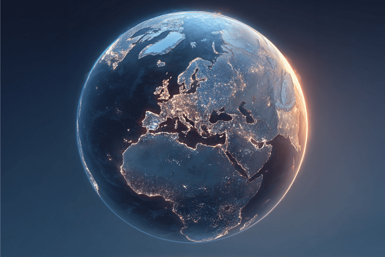 Planet Earth facing Europe by night