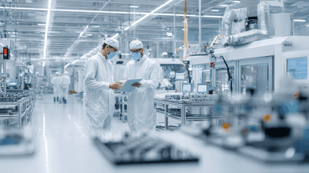 workers in similar protective gear in manufacturing room
