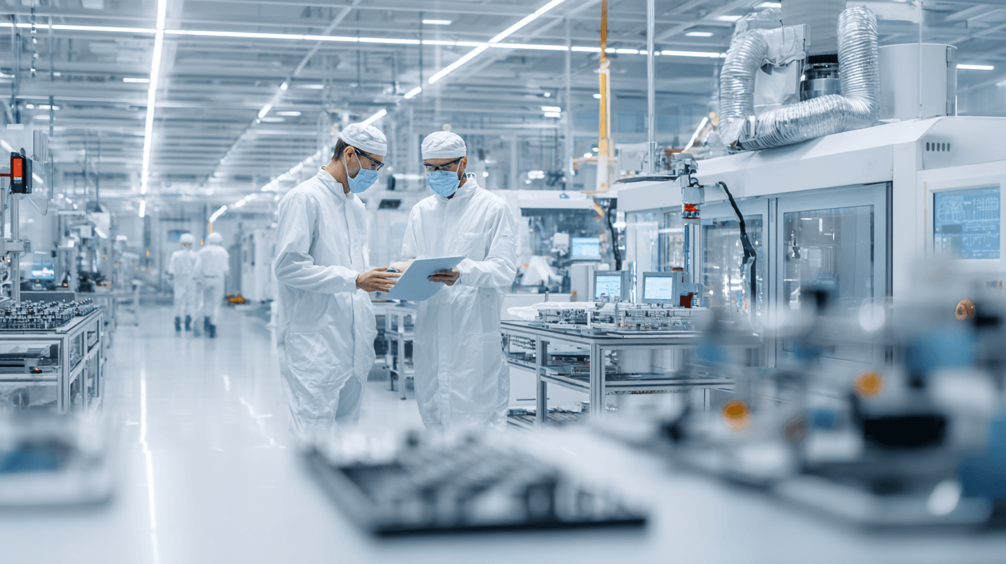workers in similar protective gear in manufacturing room