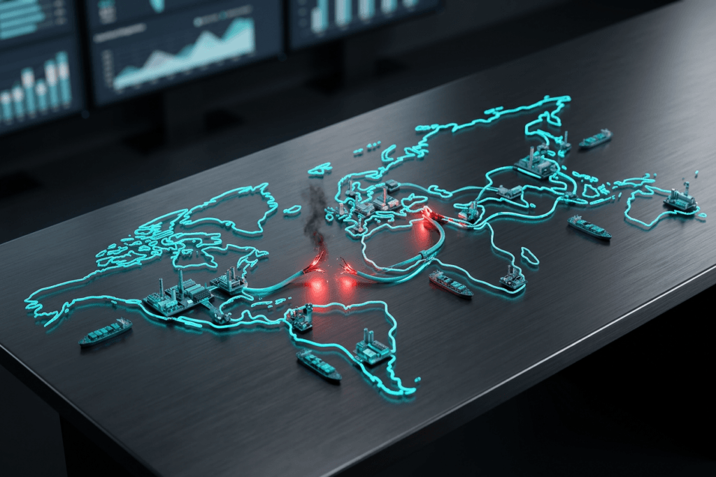 World map highlighting red dots on regions with geopolitical tension
